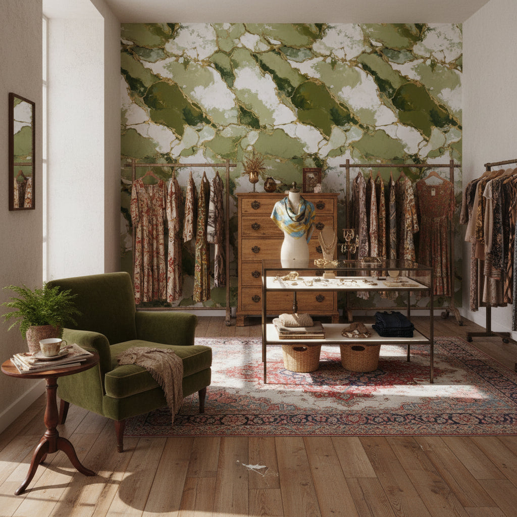 Yeşil Mermer Desenli Duvar Kağıdı Modern Salon
