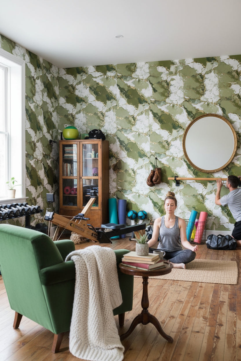 Yeşil Mermer Desenli Duvar Kağıdı Modern Salon
