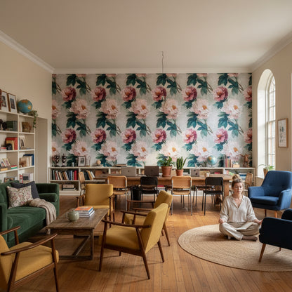 Büyük Çiçek Desenli Duvar Kağıdı Krem Zemin Salon