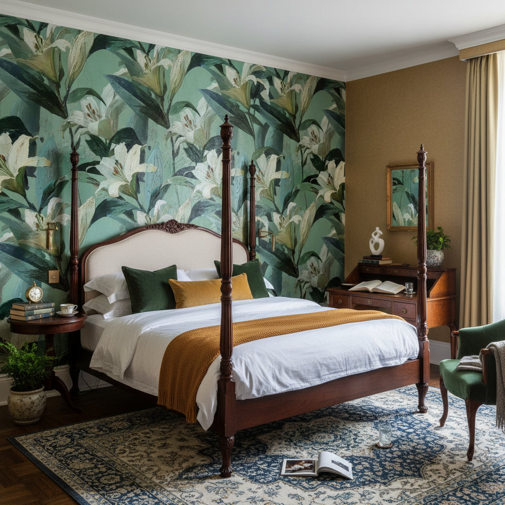 Zambak Çiçekli Duvar Kağıdı Yeşil Botanik Salon