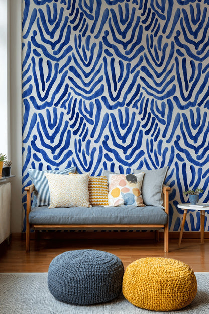 Mavi Zebra Desenli Duvar Kağıdı Modern Salon Dekoru