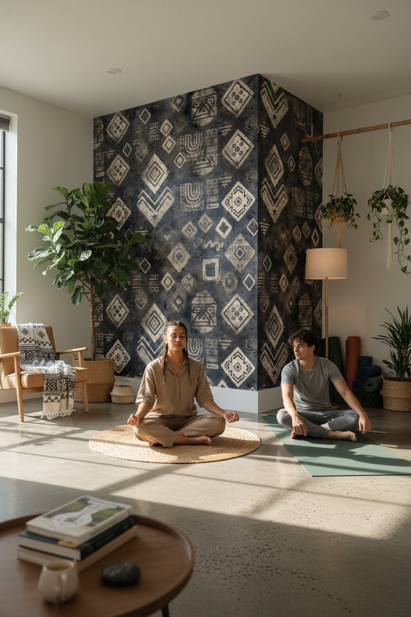 Etnik Geometrik Desenli Duvar Kağıdı Antrasit Salon Duvarı