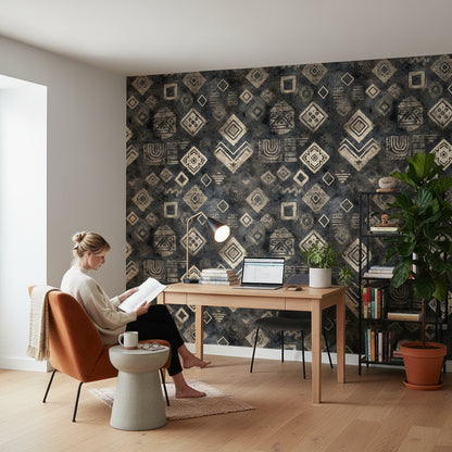 Etnik Geometrik Desenli Duvar Kağıdı Antrasit Salon Duvarı