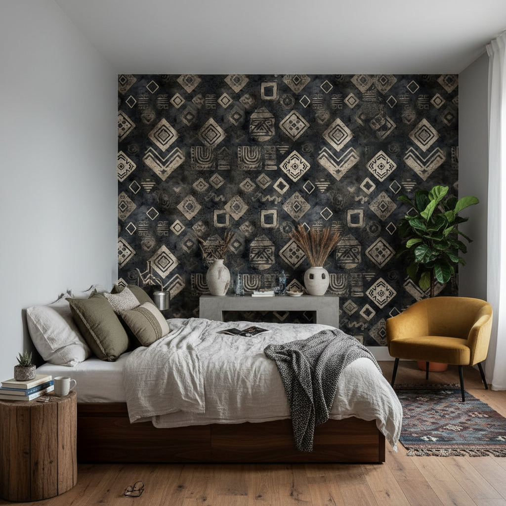 Etnik Geometrik Desenli Duvar Kağıdı Antrasit Salon Duvarı