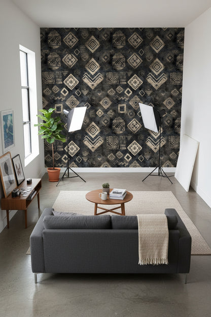 Etnik Geometrik Desenli Duvar Kağıdı Antrasit Salon Duvarı