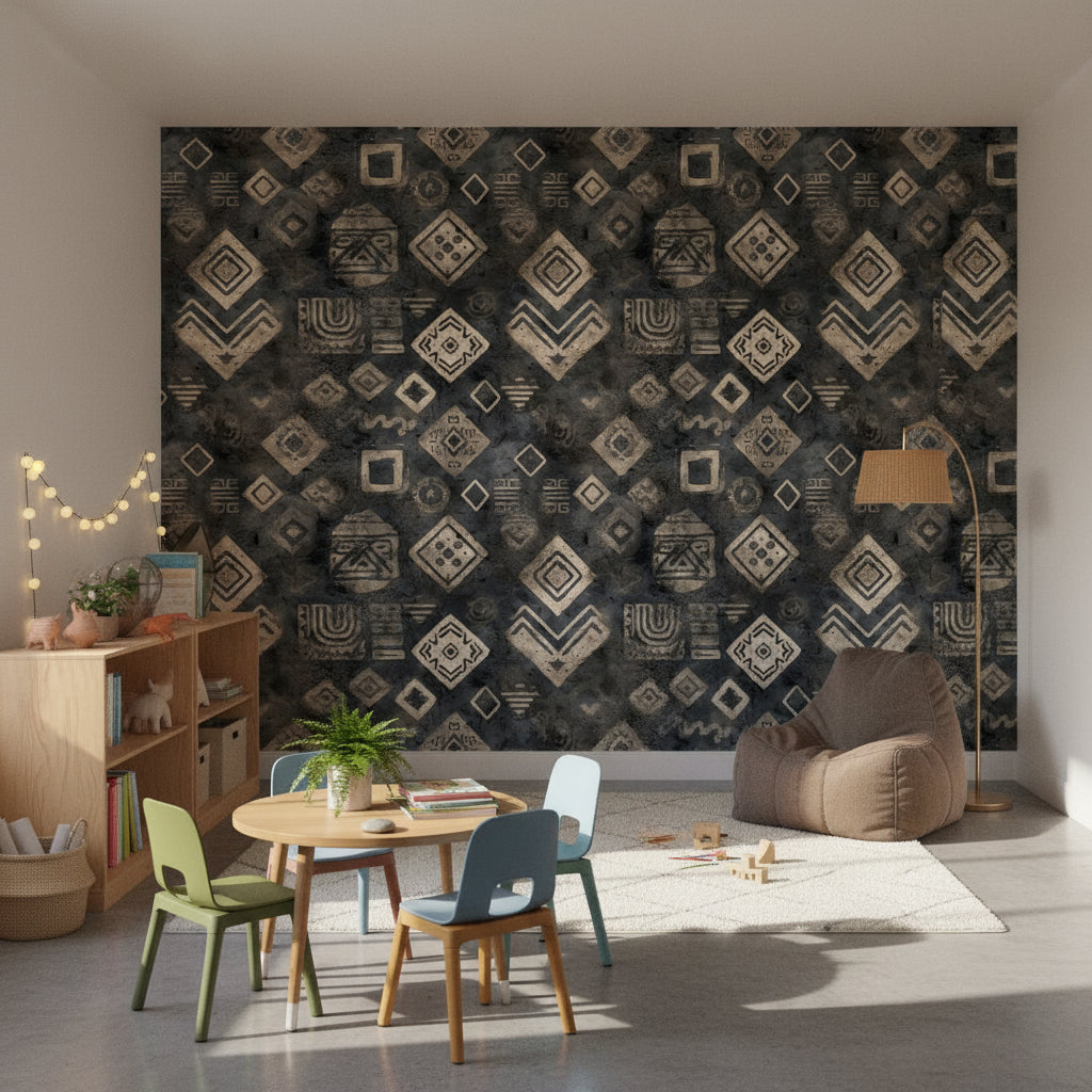 Etnik Geometrik Desenli Duvar Kağıdı Antrasit Salon Duvarı