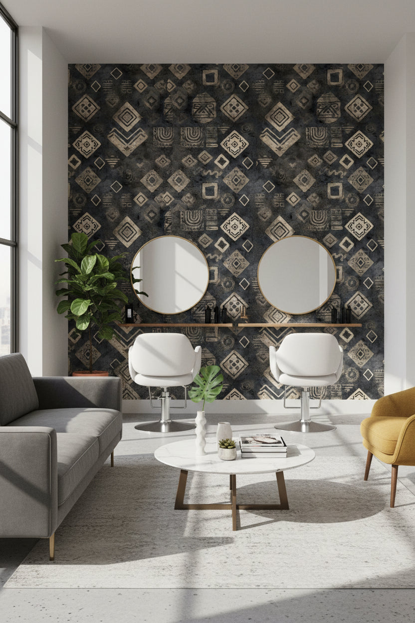 Etnik Geometrik Desenli Duvar Kağıdı Antrasit Salon Duvarı