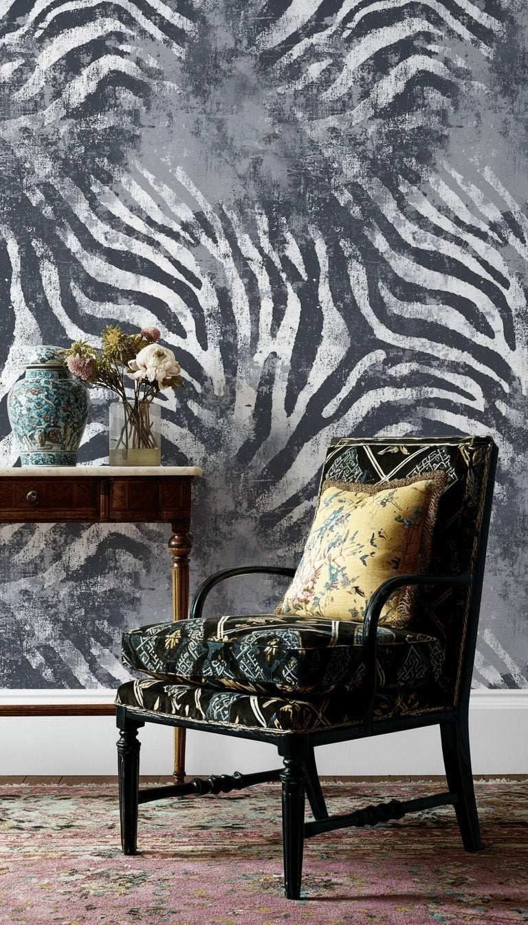 Zebra Desenli Duvar Kağıdı Siyah Beyaz Modern Salon