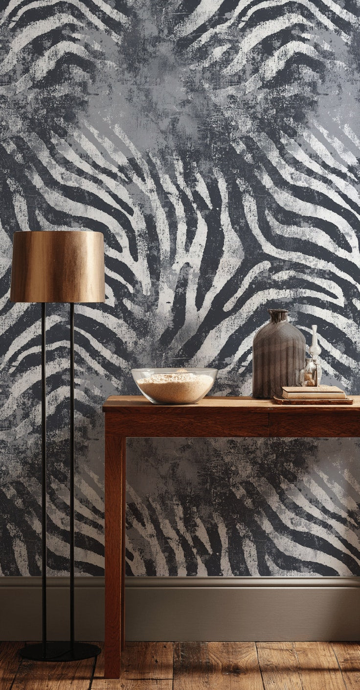 Zebra Desenli Duvar Kağıdı Siyah Beyaz Modern Salon