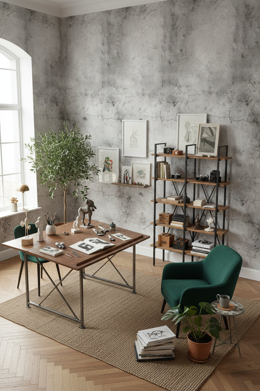 Beton Görünümlü Duvar Kağıdı Gri Desenli Modern Salon