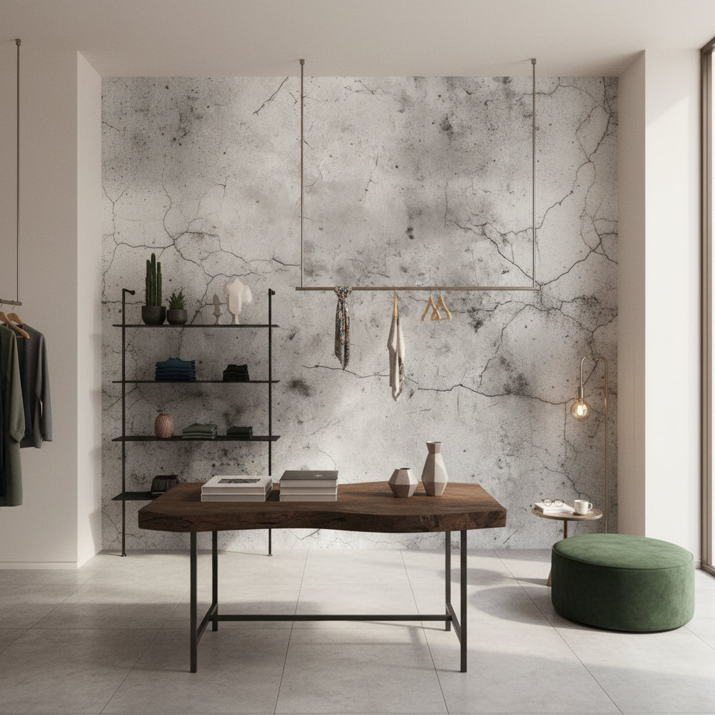 Beton Görünümlü Duvar Kağıdı Gri Desenli Modern Salon