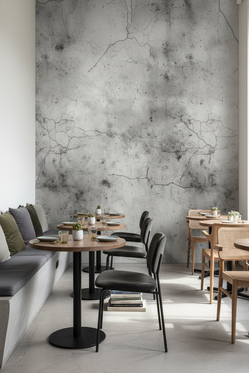 Beton Görünümlü Duvar Kağıdı Gri Desenli Modern Salon