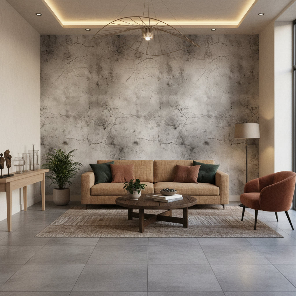 Beton Görünümlü Duvar Kağıdı Gri Desenli Modern Salon
