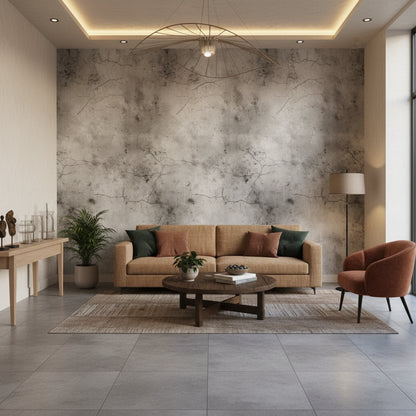 Beton Görünümlü Duvar Kağıdı Gri Desenli Modern Salon