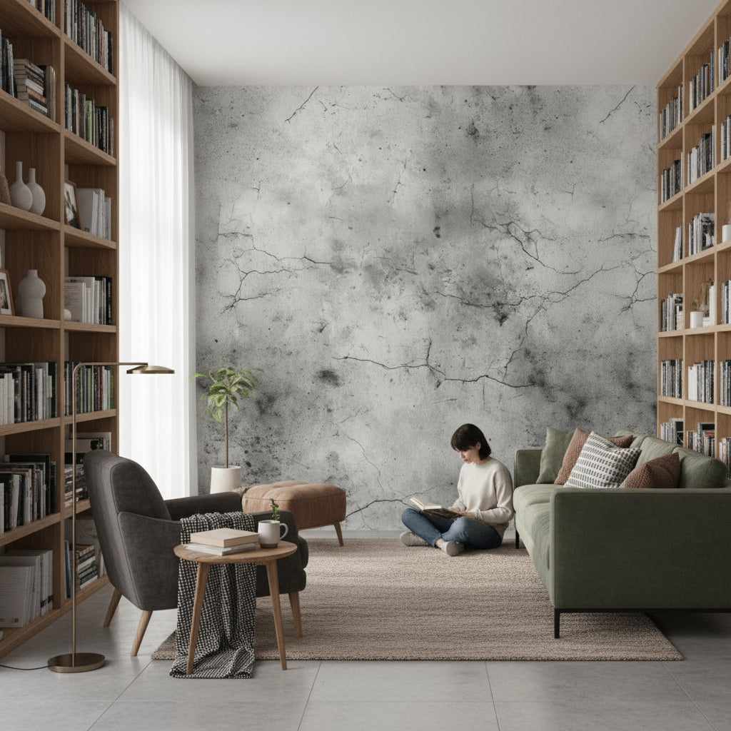 Beton Görünümlü Duvar Kağıdı Gri Desenli Modern Salon