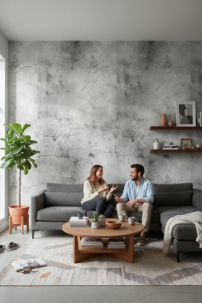 Beton Görünümlü Duvar Kağıdı Gri Desenli Modern Salon