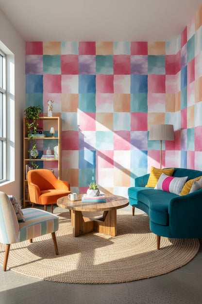 Renkli Kare Desenli Duvar Kağıdı Modern Salon