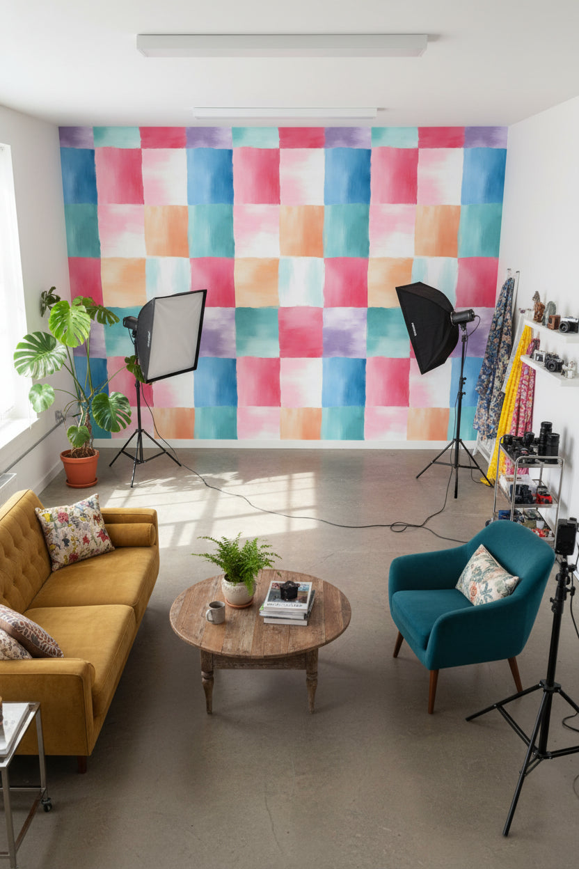 Renkli Kare Desenli Duvar Kağıdı Modern Salon