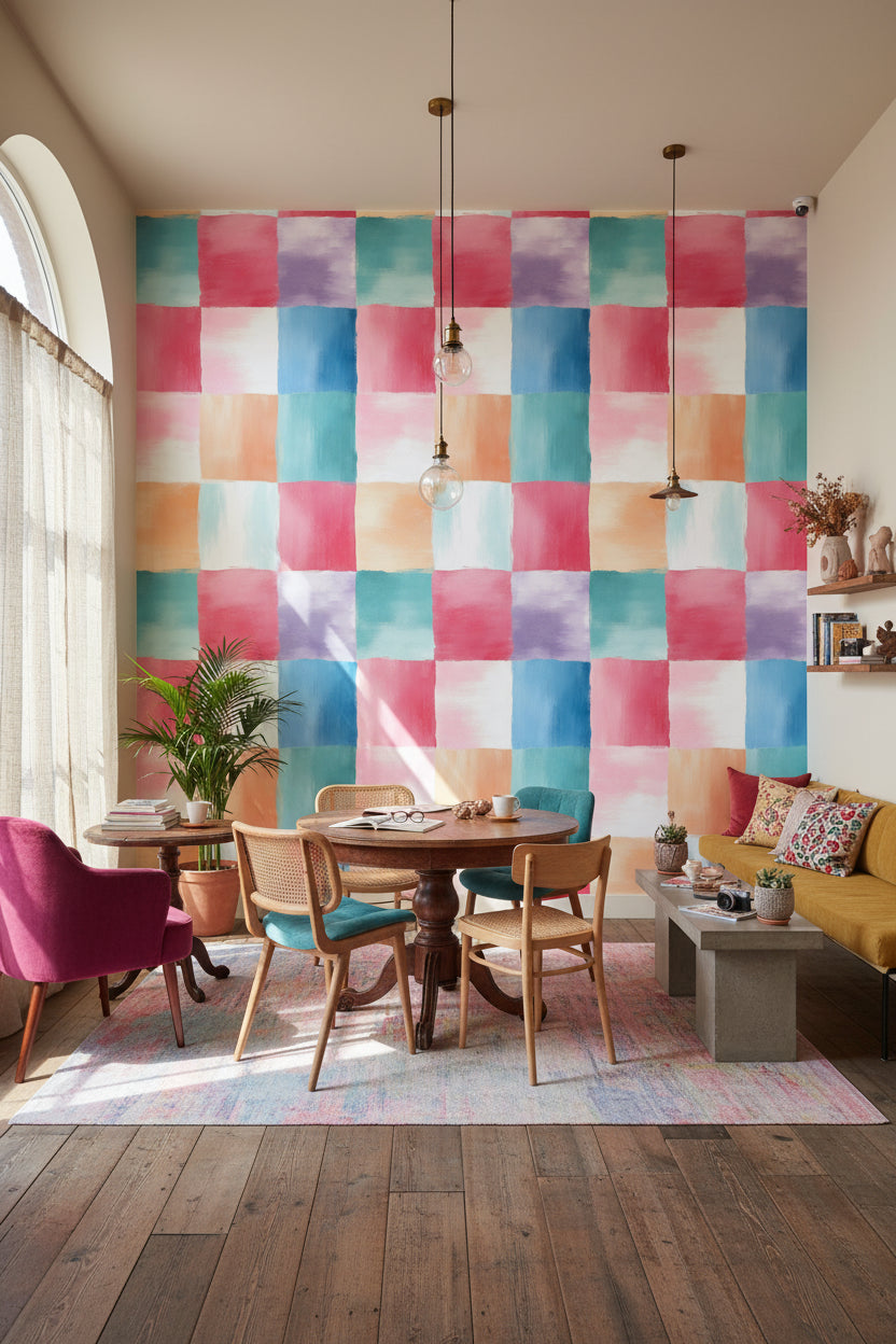 Renkli Kare Desenli Duvar Kağıdı Modern Salon