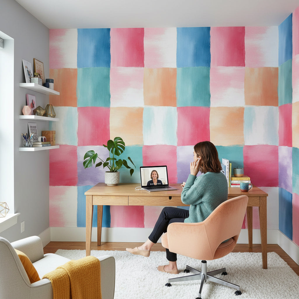 Renkli Kare Desenli Duvar Kağıdı Modern Salon