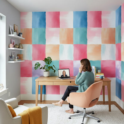 Renkli Kare Desenli Duvar Kağıdı Modern Salon