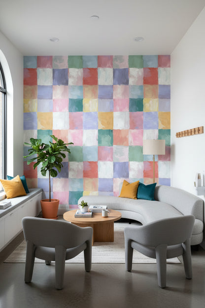 Pastel Renkli Kareli Duvar Kağıdı Modern Salon Dekoru