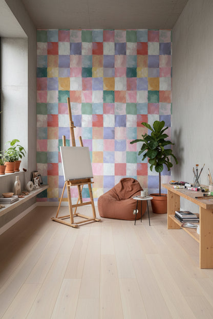 Pastel Renkli Kareli Duvar Kağıdı Modern Salon Dekoru