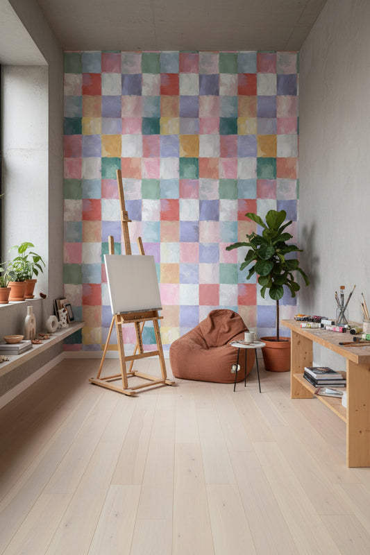 Pastel Renkli Kareli Duvar Kağıdı Modern Salon Dekoru