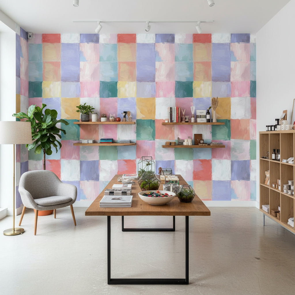 Pastel Renkli Kareli Duvar Kağıdı Modern Salon Dekoru