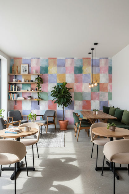 Pastel Renkli Kareli Duvar Kağıdı Modern Salon Dekoru