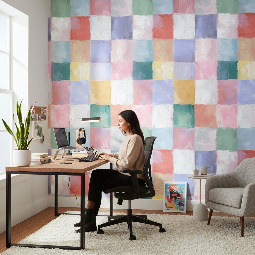 Pastel Renkli Kareli Duvar Kağıdı Modern Salon Dekoru
