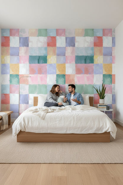 Pastel Renkli Kareli Duvar Kağıdı Modern Salon Dekoru