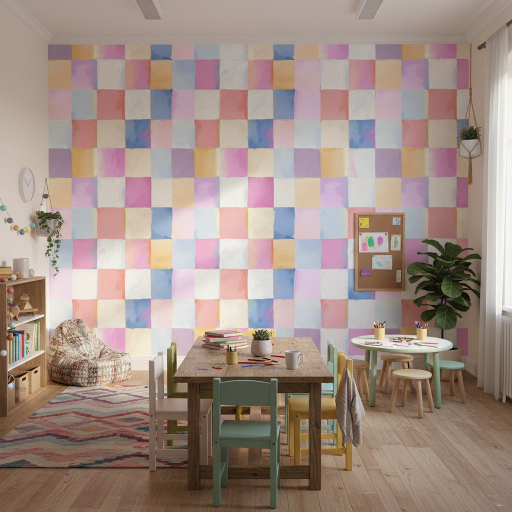 Pastel Renkli Kare Desenli Duvar Kağıdı Çocuk Odası