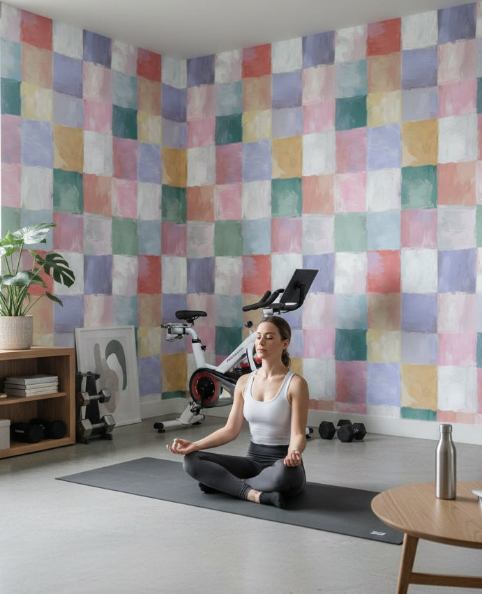 Pastel Renkli Kareli Duvar Kağıdı Modern Salon Dekoru