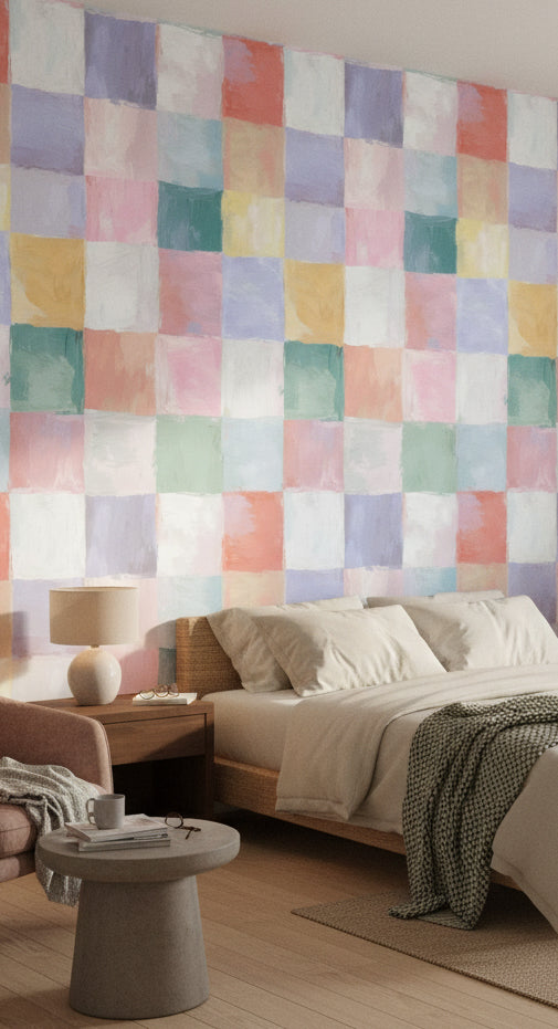 Pastel Renkli Kareli Duvar Kağıdı Modern Salon Dekoru