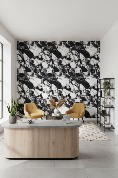 Siyah Beyaz Mermer Desenli Duvar Kağıdı Modern Salon