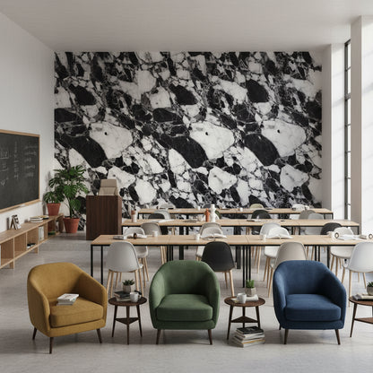 Siyah Beyaz Mermer Desenli Duvar Kağıdı Modern Salon