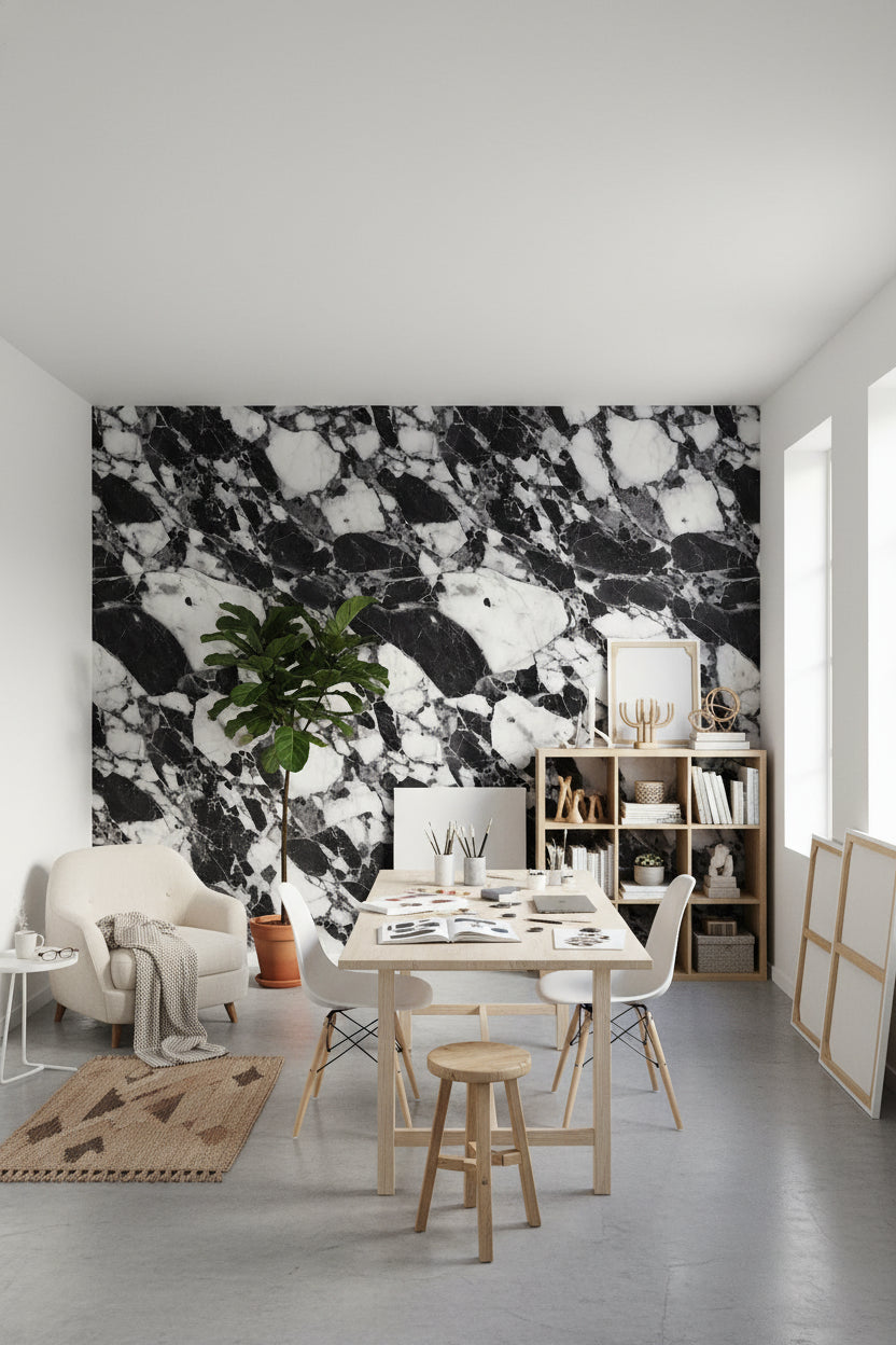 Siyah Beyaz Mermer Desenli Duvar Kağıdı Modern Salon