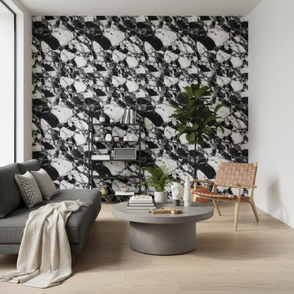 Siyah Beyaz Mermer Desenli Duvar Kağıdı Modern Salon