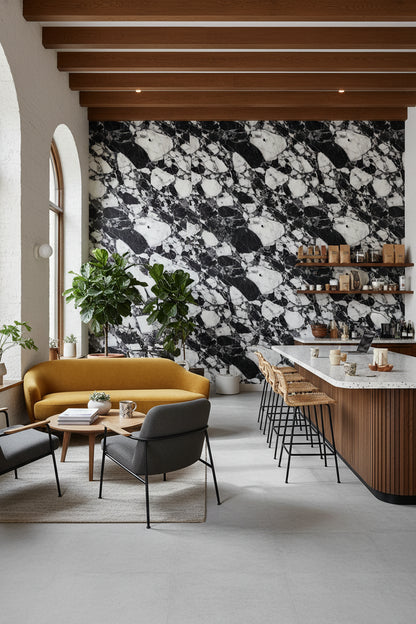 Siyah Beyaz Mermer Desenli Duvar Kağıdı Modern Salon