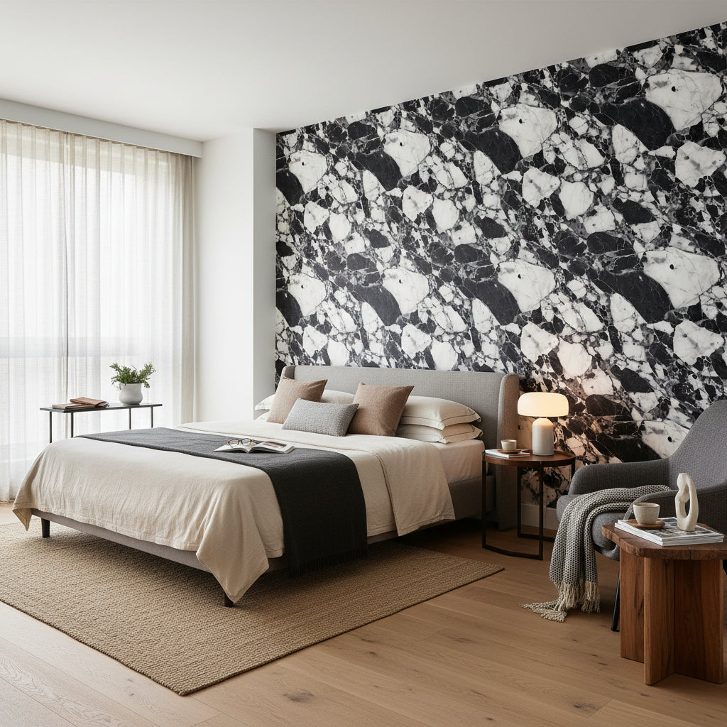 Siyah Beyaz Mermer Desenli Duvar Kağıdı Modern Salon