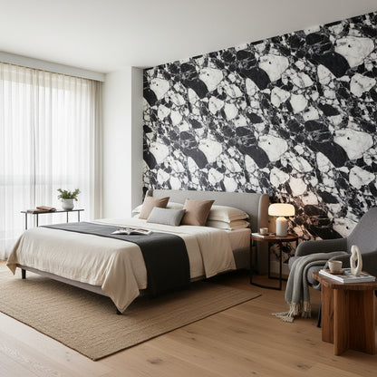 Siyah Beyaz Mermer Desenli Duvar Kağıdı Modern Salon