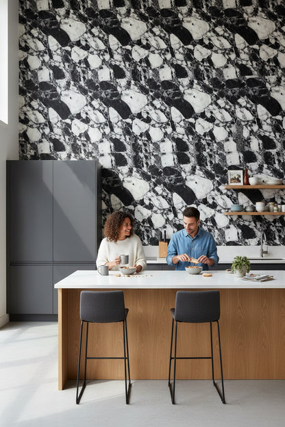 Siyah Beyaz Mermer Desenli Duvar Kağıdı Modern Salon