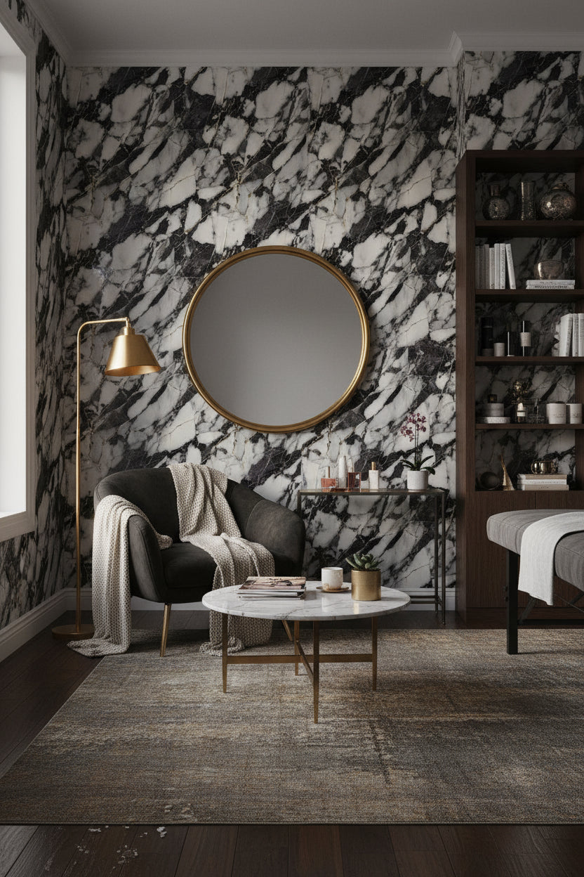 Siyah Beyaz Mermer Desenli Duvar Kağıdı Modern Salon Duvarı