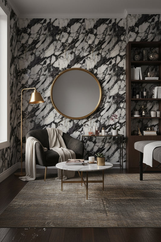 Siyah Beyaz Mermer Desenli Duvar Kağıdı Modern Salon Duvarı