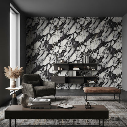 Siyah Beyaz Mermer Desenli Duvar Kağıdı Modern Salon Duvarı