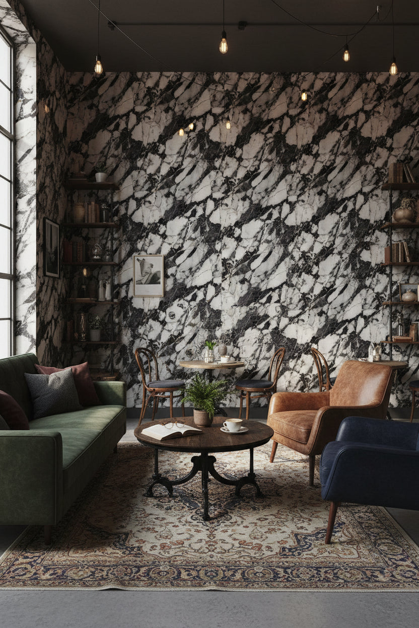 Siyah Beyaz Mermer Desenli Duvar Kağıdı Modern Salon Duvarı