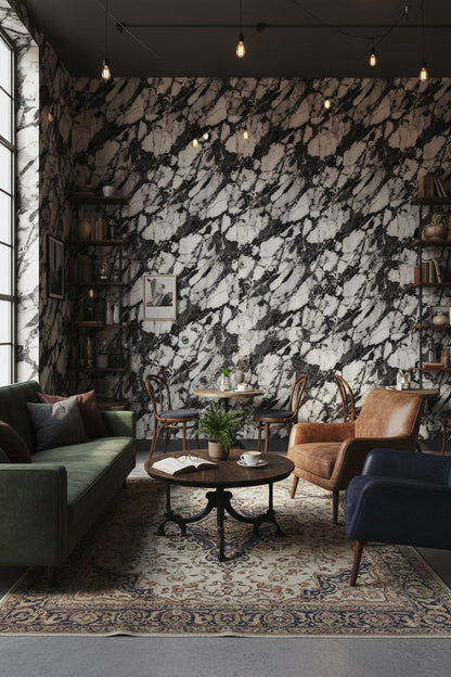 Siyah Beyaz Mermer Desenli Duvar Kağıdı Modern Salon Duvarı