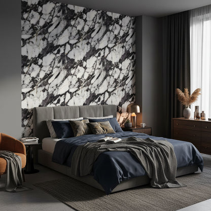 Siyah Beyaz Mermer Desenli Duvar Kağıdı Modern Salon Duvarı