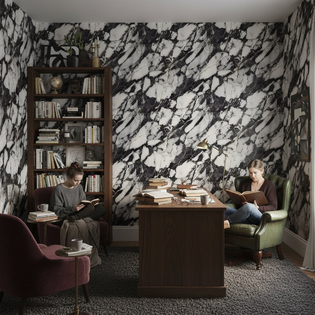 Siyah Beyaz Mermer Desenli Duvar Kağıdı Modern Salon Duvarı